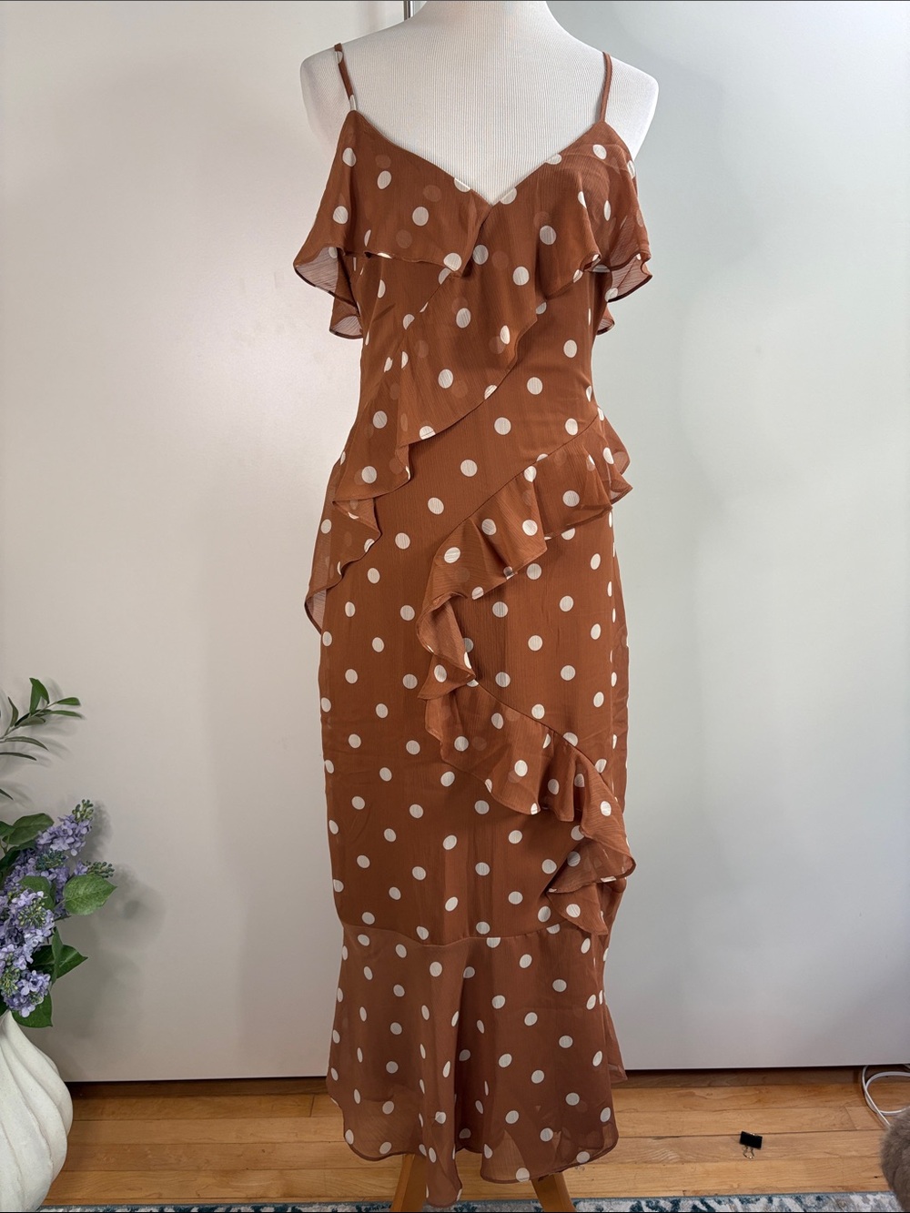 The Workshop Polka Dot Ruffle Slip Dress in Brown M